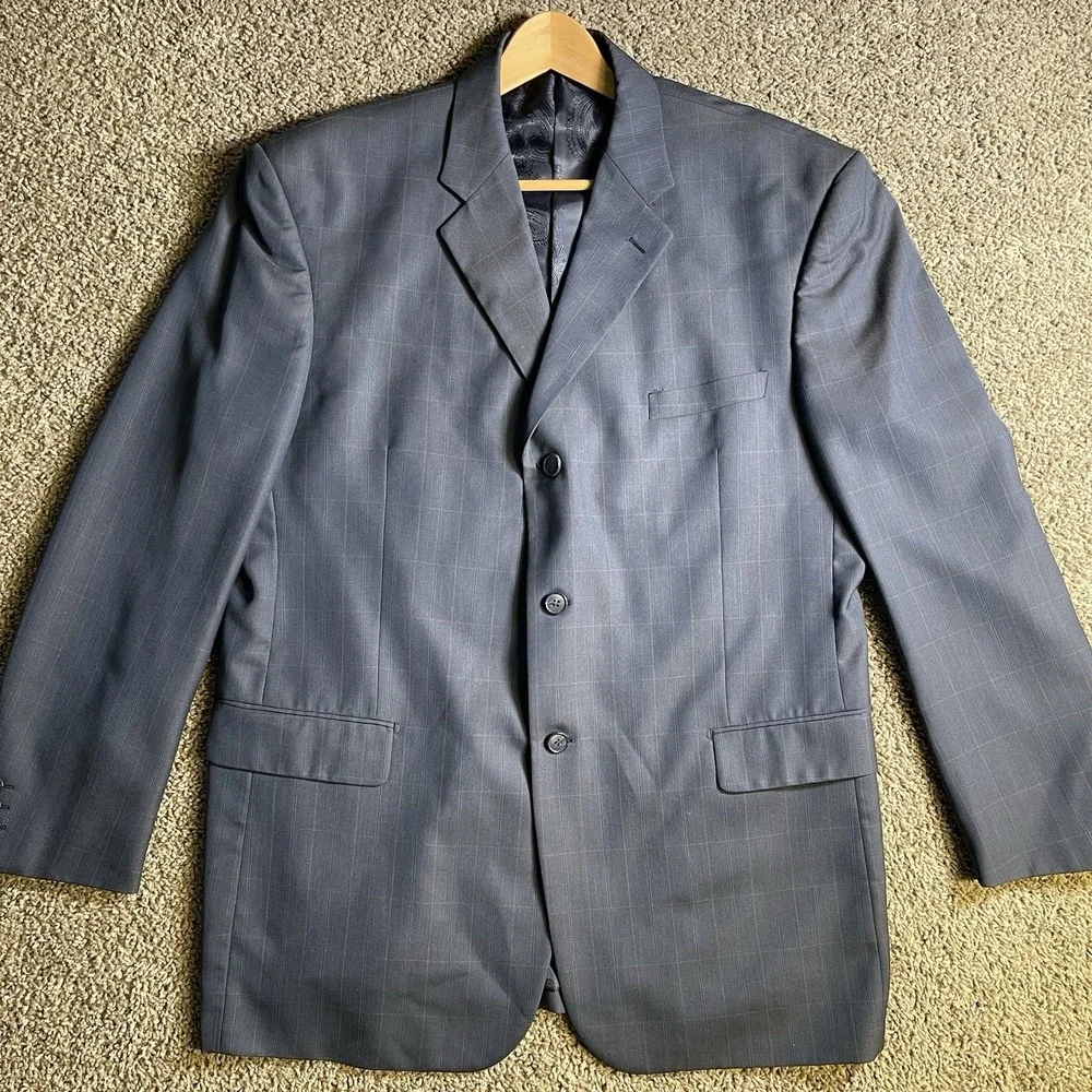 Phat Farm Mens 46L blue Windowpane Blazer Sport Coat wedding‎ office school suit